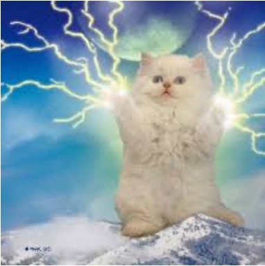 Giant fluffy white kitten on hind legs standing on a mountain with lightening coming out of front paws.